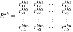 R^{kh}=begin{vmatrix}r^{kh1}_{11} & r^{kh1}_{12} & cdots & r^{kh1}_{15}  r^{kh2}_{21} & r^{kh2}_{22} & cdots & r^{kh2}_{25}  vdots & vdots & vdots &  vdots r^{khn}_{n1} & r^{khn}_{n2}& cdots & r^{khn}_{n5} end{vmatrix}